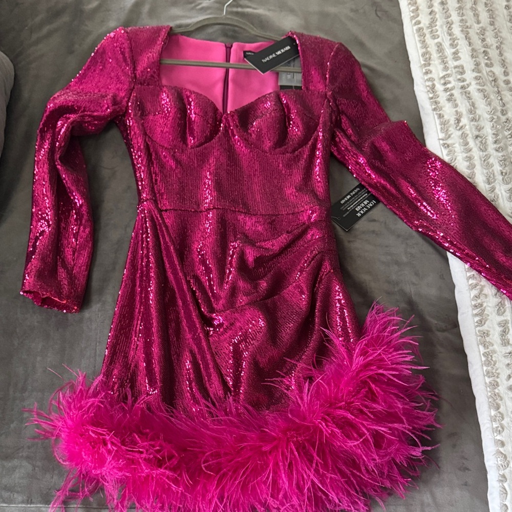 NADINE MERABI Fuchsia Sequin Dress with Feather Detail